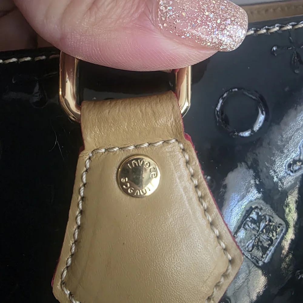 INVECE Blue Dark Patent Tote with Tan Handles - Women Bags.used,paint Defect.